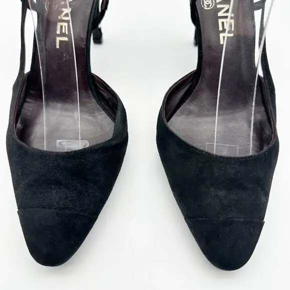 Chanel Slingback Heels 36.5 Black Suede Gold Cap Toe Vintage CC Logo Block Heel - Picture 3 of 9